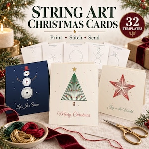 May include: A set of 32 string art Christmas card templates featuring designs like a snowman, a green tree, and a red star. The cards include text such as Let It Snow, Merry Christmas, and Joy to the World, accompanied by embroidery thread.