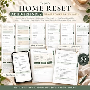 Puede incluir: Un planificador de limpieza digital y un conjunto de tarjetas de tareas titulado The Gentle Home Reset, que incluye 95 páginas de herramientas de organización adaptadas al TDAH, con tablas de tareas, menús de tiempo y listas de verificación.