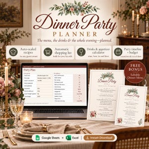 Può includere: Un pianificatore digitale per cene visualizzato sullo schermo di un computer portatile, accompagnato da due menu stampati. Il pianificatore include sezioni per i dettagli della festa, il numero di ospiti e il monitoraggio del budget con icone.
