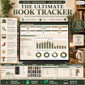 May include: A digital book tracker spreadsheet displayed on a laptop screen, featuring a reading dashboard with charts, book statistics, and progress bars. The interface includes tabs for a library, book finder, gallery, and reading challenges.