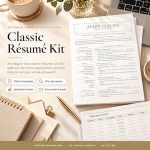 May include: A classic resume kit template featuring a two-column layout with the name Avery Collins, professional summary, education, skills, and experience sections. Includes an application tracker, cover letter, and email templates in Word and Google Docs.