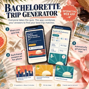 May include: A Bachelorette Trip Generator interactive web app displayed on two smartphones. The screens show a quiz interface titled Kayla's Bachelorette, trip match results, and three cards for Nashville, Scottsdale, and Tulum destinations.
