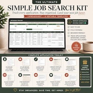 May include: A digital job search kit displayed on a laptop screen, featuring a spreadsheet tracker for applications, interviews, and offers. Below, a grid of 15 editable templates includes resumes, cover letters, and email drafts for job seekers.