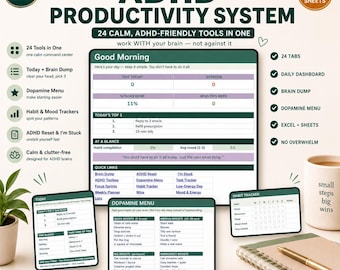 Op de afbeelding: Een digitaal planner-sjabloon voor een ADHD-productiviteitssysteem met een donkergroene en witte interface, inclusief secties voor een dagelijks dashboard, dopamine-menu en gewoonte-tracker. De tekst bevat ADHD PRODUCTIVITY SYSTEM, 24 CALM, ADHD-FRIENDLY TOOLS IN ONE, en diverse takenlijsten, snelkoppelingen en motiverende zinnen.