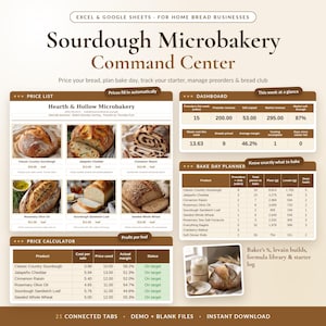 以下が含まれることがあります： ExcelおよびGoogleスプレッドシート用のSourdough Microbakery Command Centerデジタルスプレッドシートテンプレート。インターフェースには、価格リスト、ダッシュボード、焼き上げ日プランナー、価格計算ツールが表示されており、パン製品とビジネス指標のデータが含まれています。