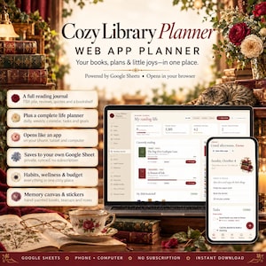 Reading Journal and Digital Planner Web App, Google Sheets Book Tracker, Reading Log, Bookish Life Planner, Habit Tracker, Budget
