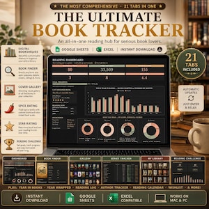 May include: A digital book tracker spreadsheet displayed on a laptop screen, featuring a reading dashboard with charts, graphs, and statistics. The interface includes tabs for digital bookshelves, book finder, cover gallery, and reading challenges.