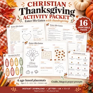 Op de afbeelding: Een christelijk Thanksgiving-activiteitenpakket met 16 printbare pagina's, inclusief placemats per leeftijdscategorie, knutselwerkjes en gebedssuggesties. De pagina's bevatten woordzoekers, doolhoven, kleurplaten en gesprekskaartjes met bruine en zwarte tekst.