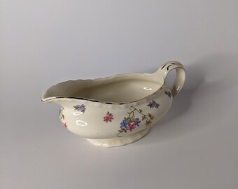 Myott Staffordshire England Vintage Gravy Boat — Scattered Wildflower Pattern — Gold Trim — Reg. No. 792175