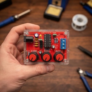 Puede incluir: Un kit de generador de funciones con una placa de circuito roja encerrada en una caja de plástico transparente. El dispositivo cuenta con tres perillas negras con indicadores rojos, un conector de alimentación negro y un bloque de terminales azul.