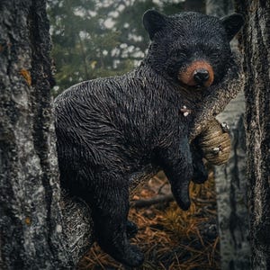 Peut inclure: Une figurine d'ourson noir au museau brun, reposant sur une branche texturée. L'ours a une petite ruche beige fixée à la branche près de sa patte avant, avec plusieurs petites abeilles blanches et noires détaillées sur la ruche et la fourrure.