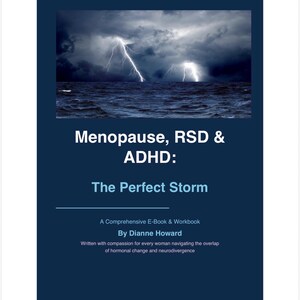 May include: A book cover with a dark blue background featuring a stormy ocean scene with lightning strikes. The text reads: Menopause, RSD & ADHD: The Perfect Storm, A Comprehensive E-Book & Workbook, By Dianne Howard, Written with compassion for every woman navigating the overlap of hormonal change and neurodivergence.