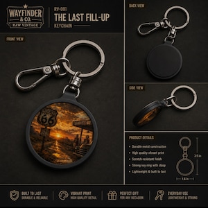 The Last Fill Up Route 66 Sunset Scene Keyring Tag | Vintage Gas Station Keychain
