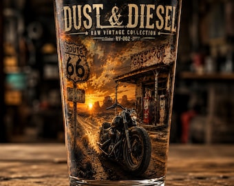 Dust & Diesel Route 66 Pint Glass | Vintage Motorcycle Barware, Biker Gift