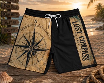 Męskie kąpielówki Lost Compass, spodenki plażowe w stylu vintage, strój kąpielowy w stylu nadmorskim, spodenki do surfingu, spodenki wakacyjne LC001