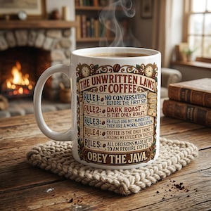 Mug « Règles non écrites du café », Tasse humoristique « Règles du café », « Obéissez au café », Cadeau pour amateur de café, Mug vintage « Accro au café »