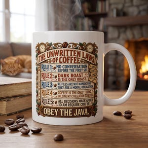 Unwritten Laws of Coffee Mug, Funny Coffee Rules Cup, Obey the Java, Coffee Lover Gift, Vintage Sign Coffee Addict Mug