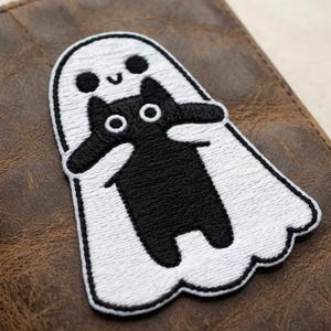Ghost Hugging Cat Embroidered Patch, Kawaii Halloween Badge, Gothic Pet Lover Gift