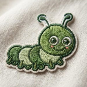 May include: An embroidered patch featuring a green caterpillar with a rounded head, two antennae, and large eyes. The design uses various shades of green thread with a white border, showcasing detailed stitching throughout the segmented body.