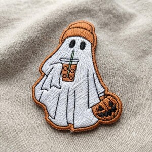 Iced Coffee Ghost Iron on Patch, Fall Autumn Beanie Ghost Embroidered Applique
