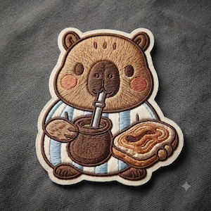 May include: An embroidered patch featuring a brown capybara wearing a light blue and white striped shirt. The capybara is holding a dark brown mate gourd with a silver bombilla straw and a piece of toast with brown spread on the right side.