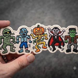May include: An embroidered patch featuring five cartoon figures in a row: a green mummy, a blue zombie, an orange pumpkin-headed creature, a vampire in a black and red cape, and a green monster with bolts in its neck, all on a cream background.