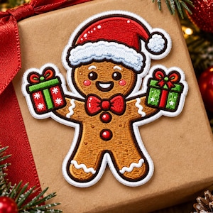 Gingerbread Man Christmas Embroidered Patch, Santa Hat Gift Iron On Patch