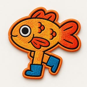 May include: An embroidered patch featuring a bright orange fish with a white eye and black pupil. The fish has a red fin and tail, and is wearing two blue boots on its legs. The entire design is outlined in thick black thread.