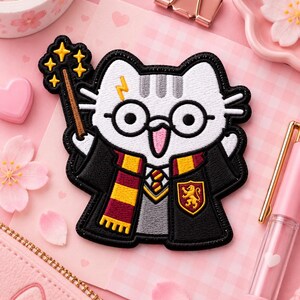 Wizard Cat Patch, Magic School Embroidered Patch, Cute Fantasy Cat Applique immagine 5