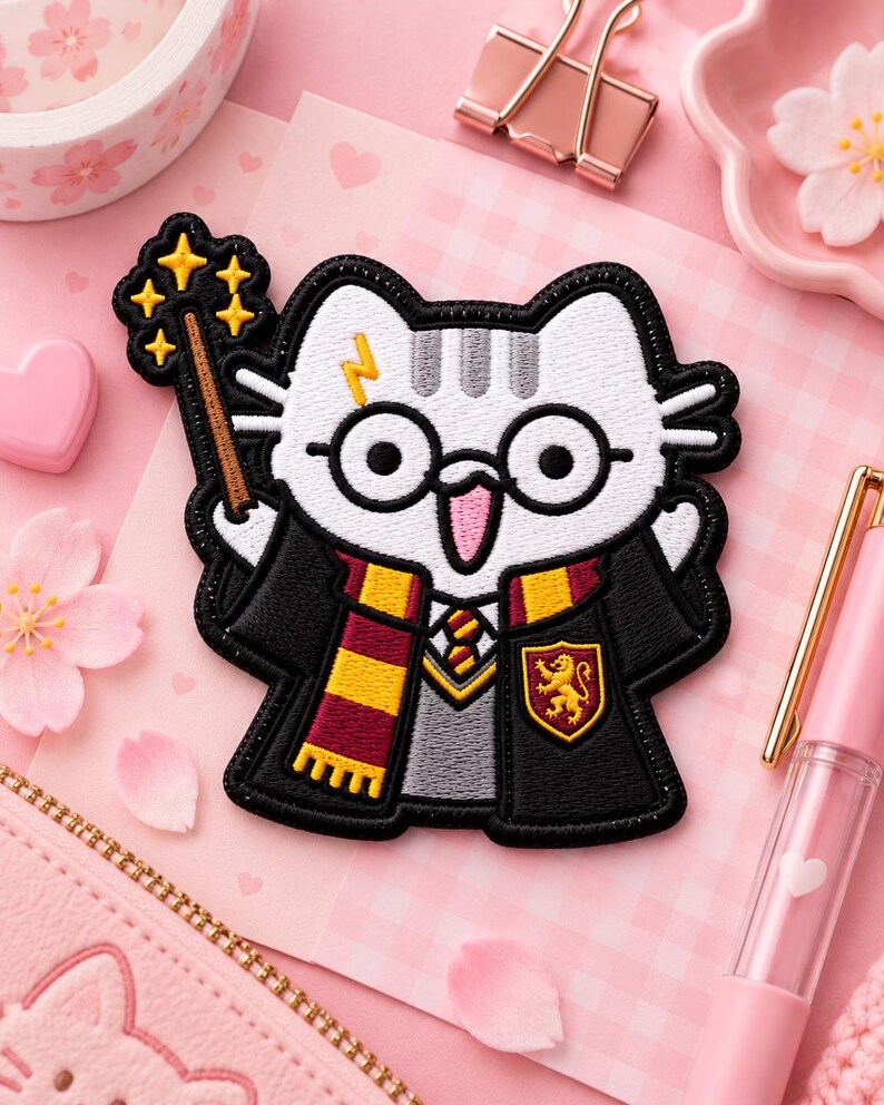 Wizard Cat Patch, Magic School Embroidered Patch, Cute Fantasy Cat Applique immagine 5