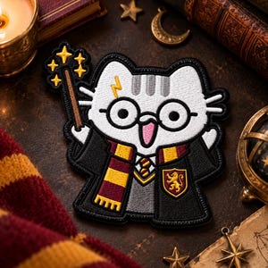 Wizard Cat Patch, Magic School Embroidered Patch, Cute Fantasy Cat Applique immagine 2