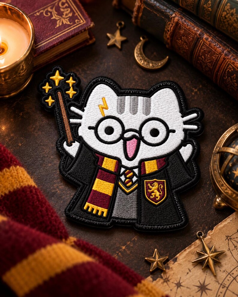 Wizard Cat Patch, Magic School Embroidered Patch, Cute Fantasy Cat Applique immagine 2