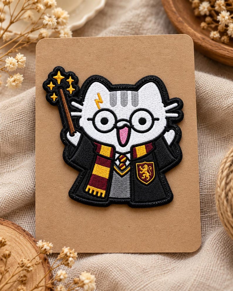 Wizard Cat Patch, Magic School Embroidered Patch, Cute Fantasy Cat Applique immagine 3