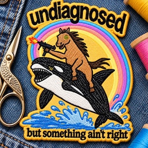 May include: An embroidered patch featuring a brown horse with spiral eyes riding a black and white orca whale. The horse holds a firing gun. A rainbow arches behind them over a yellow sun. Text reads: undiagnosed but something ain't right.