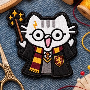 Wizard Cat Patch, Magic School Embroidered Patch, Cute Fantasy Cat Applique immagine 4