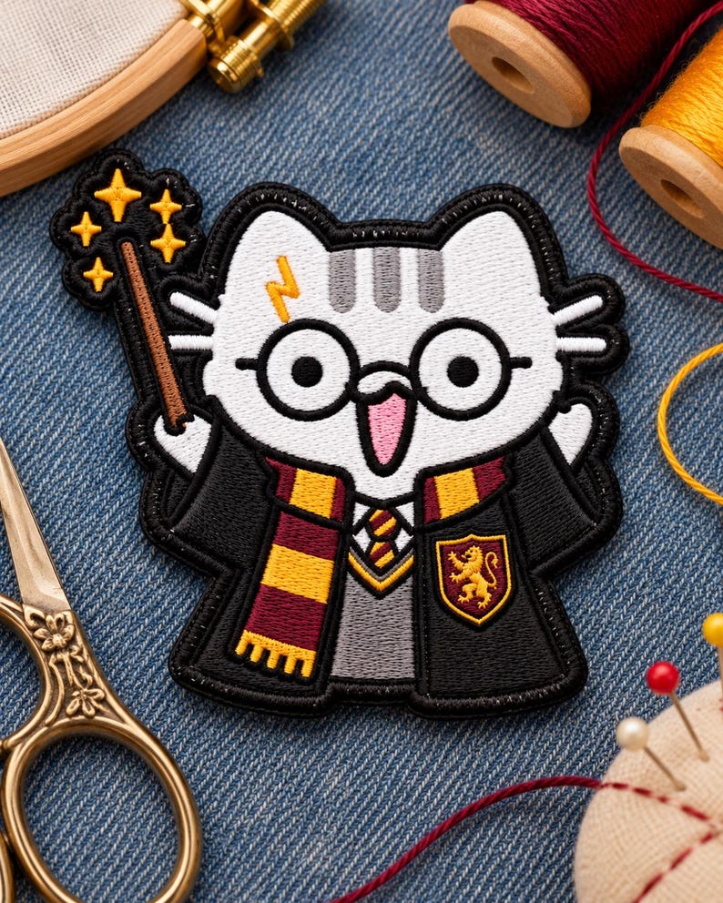 Wizard Cat Patch, Magic School Embroidered Patch, Cute Fantasy Cat Applique immagine 4
