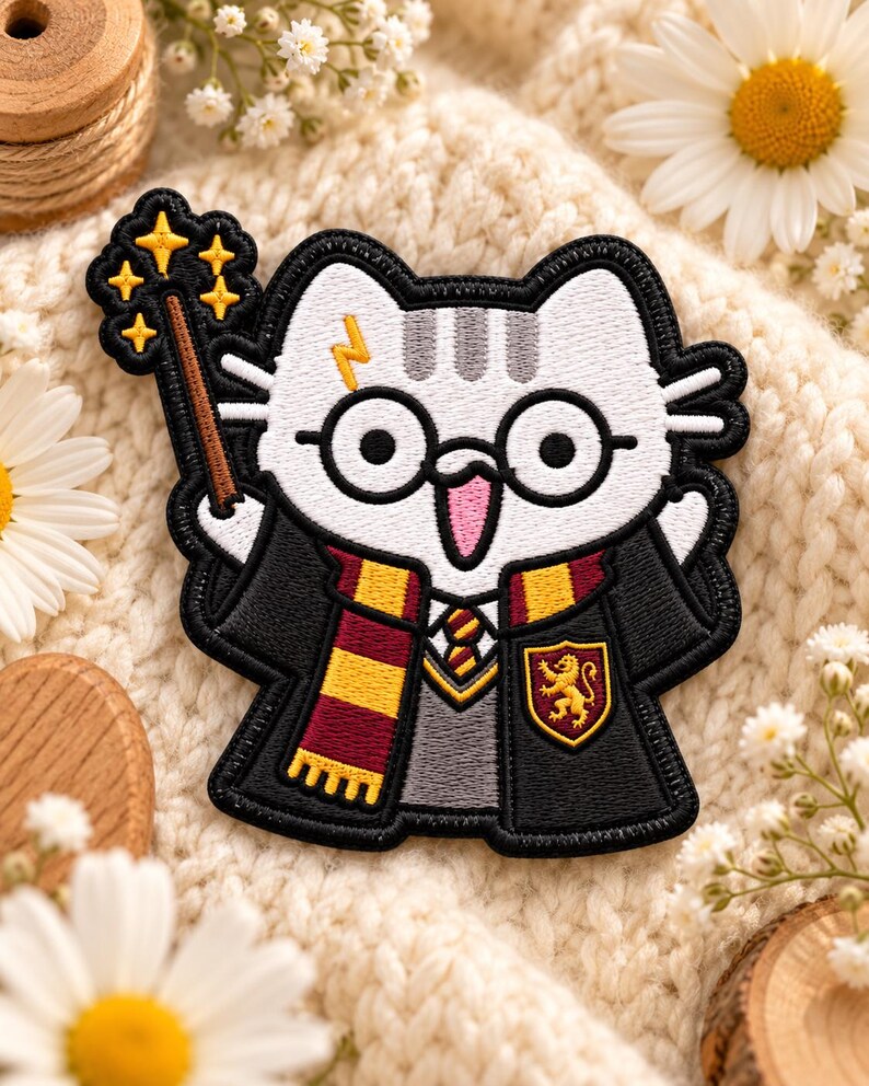 Wizard Cat Patch, Magic School Embroidered Patch, Cute Fantasy Cat Applique immagine 7
