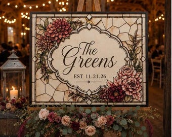 Modelo de placa de casamento com vitral floral | Flores de outono | Padrão editável para Canva (16x20)