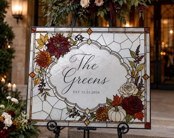 Fall Floral Stained Glass Wedding Sign Template | Editable Canva Pattern (16x20)