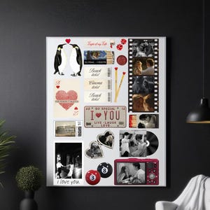 May include: A collage poster featuring two penguins, a playing card with a fingerprint heart, vintage tickets, a license plate reading I LOVE YOU, film strips with photos, a locket, billiard balls, a vinyl record, and a digital camera.