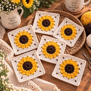 Puede incluir: Seis motivos cuadrados de ganchillo con un círculo central marrón oscuro rodeado de pétalos amarillos y un borde blanco. Los motivos están dispuestos en una bandeja tejida junto a una taza blanca con el texto Good Yarn Good Mood y una jarra.
