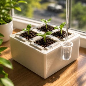 May include: A white rectangular planter box with four square compartments, each containing dark soil and a small green seedling. A clear glass tube is attached to the side of the planter, holding water and extending vertically above the unit.