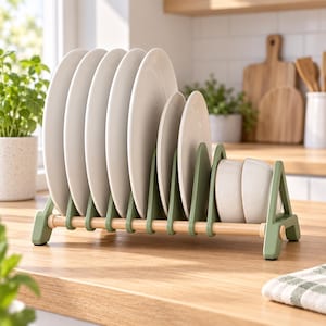 Puede incluir: Un escurridor de platos con divisores de plástico verde salvia y una base de madera clara. El soporte sostiene cinco platos de cerámica blanca de varios tamaños y dos cuencos de cerámica blanca, organizados verticalmente.