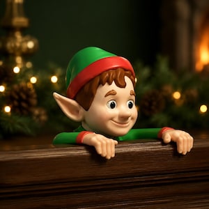 May include: A figurine of an elf with brown hair, large pointed ears, and a smiling expression. The elf wears a green hat with a red band and a green shirt with red cuffs, resting its hands on a dark brown horizontal ledge with a smooth finish.