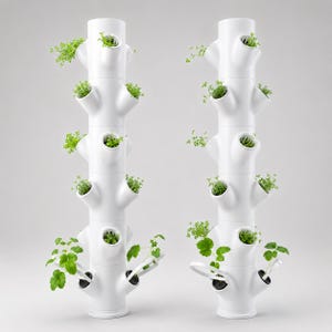 Puede incluir: Dos torres hidropónicas verticales blancas con múltiples puertos de plantación apilados. Cada torre presenta varios niveles de aberturas en ángulo que contienen pequeñas plantas verdes y hierbas, con una base cilíndrica y secciones modulares.