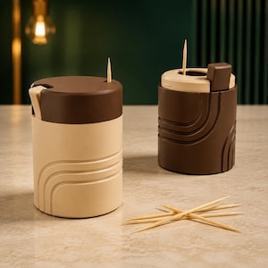 Peut inclure: Deux porte-cure-dents cylindriques, l'un avec un corps beige et un couvercle marron, l'autre avec un corps marron et un couvercle beige, tous deux ornés de lignes courbes en relief. Un cure-dent en bois dépasse de chaque ouverture.