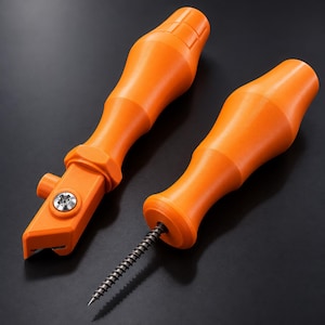 May include: Two bright orange tools with ergonomic handles. One tool features a metal screw tip extending from the base, while the other has a flat, angled head with a visible silver screw and a small protruding button on the side.