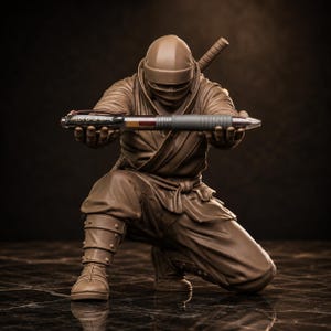 May include: A brown monochromatic ninja figurine in a kneeling pose, holding a black and clear Pilot G-2 07 gel pen horizontally with both hands. The figure wears a hooded mask, a wrapped tunic, and armored leg guards with a sword hilt visible.