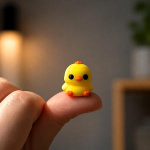 Può includere: Una statuetta in miniatura di pulcino giallo con un corpo liscio e arrotondato, piccole zampe arancioni, un minuscolo becco arancione e due occhi circolari neri. Il piccolo oggetto a forma di uccellino è di colore giallo vivo con finitura opaca.