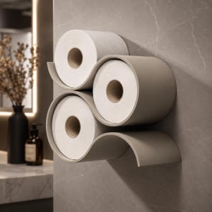 Puede incluir: Un soporte de pared para papel higiénico con forma de onda y acabado en color topo mate. La estructura cuenta con tres compartimentos cilíndricos curvos y abiertos, cada uno con un rollo de papel higiénico blanco, dispuestos en un diseño fluido.